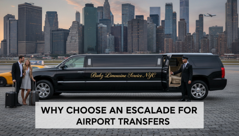 Black Escalade limousine with couple at NYC skyline