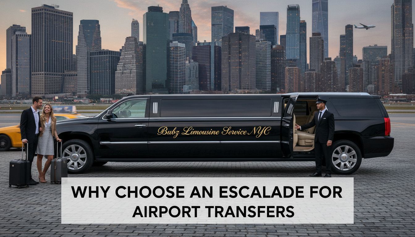 Black Escalade limousine with couple at NYC skyline
