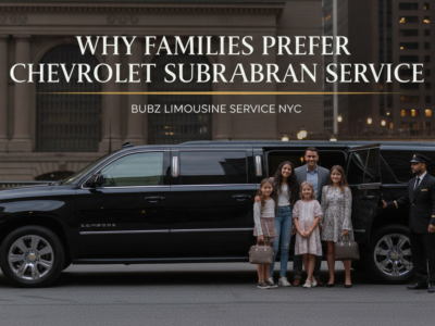 Family with chauffeur beside black Chevrolet Suburban limousine