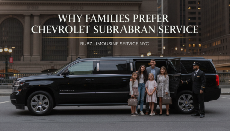 Family with chauffeur beside black Chevrolet Suburban limousine