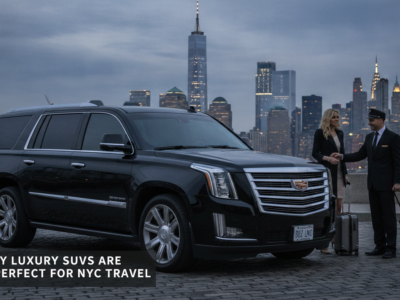 Luxury SUV with chauffeur and traveler, NYC skyline.