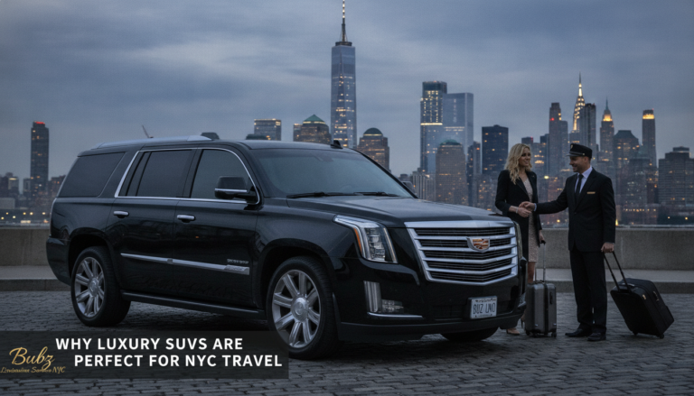 Luxury SUV with chauffeur and traveler, NYC skyline.