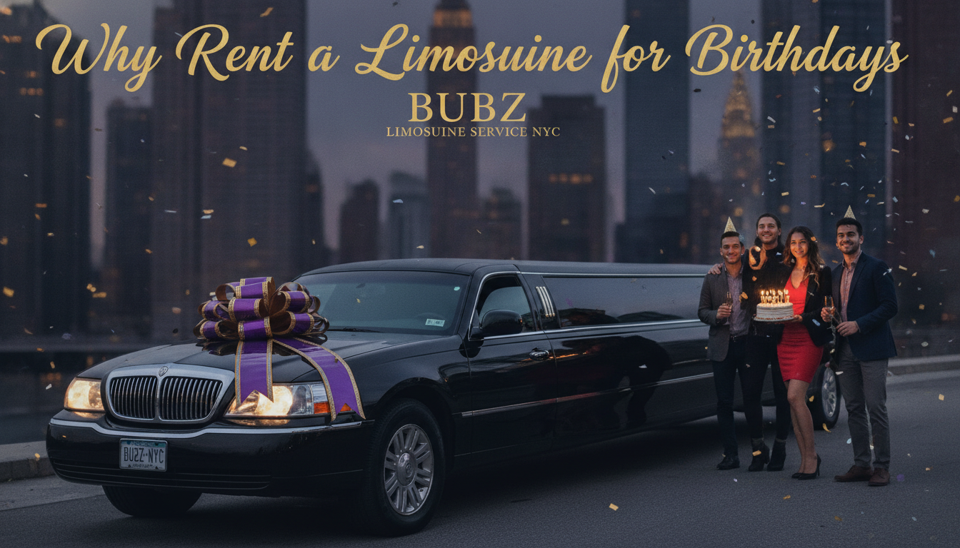 Birthday group celebrating beside black limousine in NYC