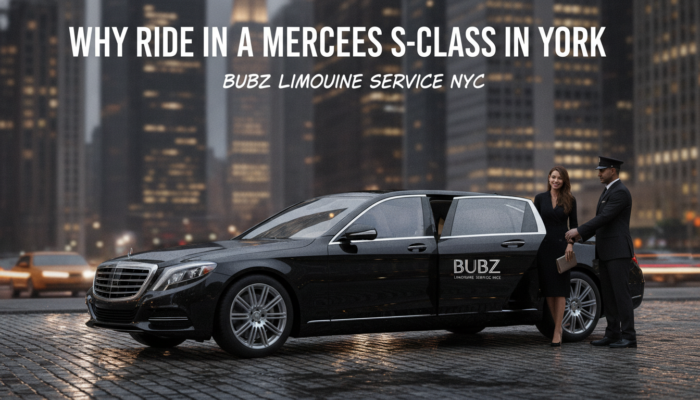 Chauffeur opening Mercedes S-Class limousine in city