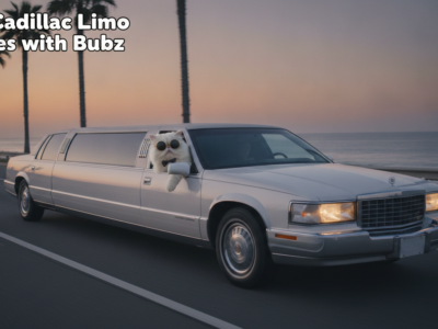 White cat with sunglasses riding in 1995 Cadillac limousine