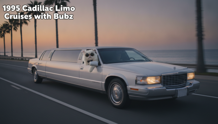White cat with sunglasses riding in 1995 Cadillac limousine