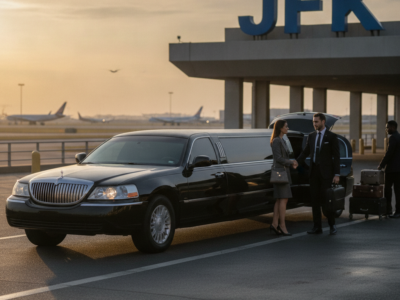 Business travelers beside limousine at JFK airport terminal