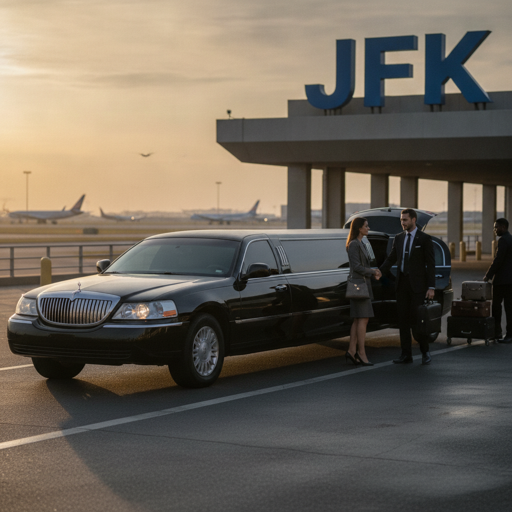 Business travelers beside limousine at JFK airport terminal