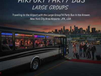 Airport party bus for large groups at sunset