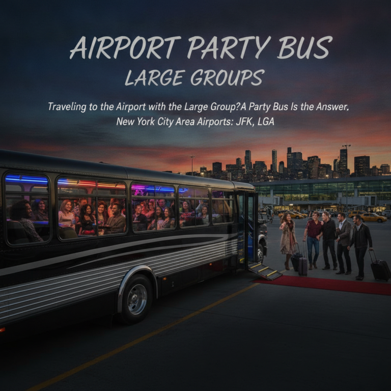 Airport party bus for large groups at sunset
