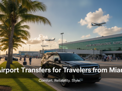 Luxury SUV outside Miami International Airport with planes overhead