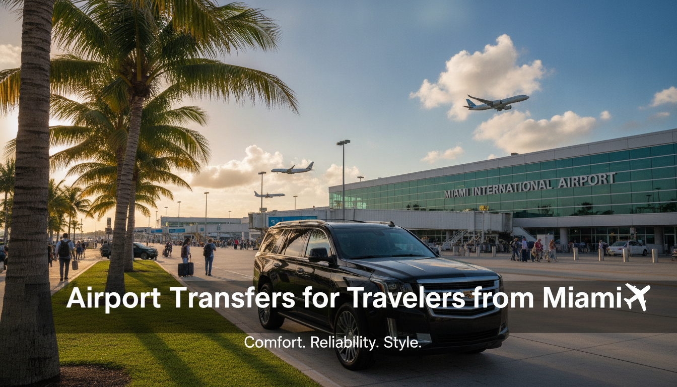 Luxury SUV outside Miami International Airport with planes overhead