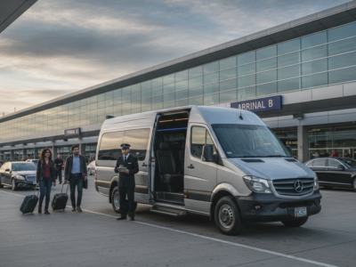 Airport shuttle van outside terminal with travelers and chauffeur