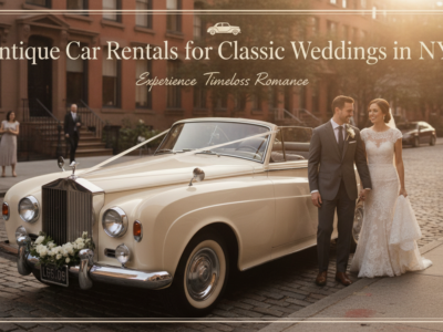 Newlyweds beside vintage convertible wedding car on NYC street