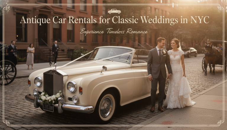 Newlyweds beside vintage convertible wedding car on NYC street