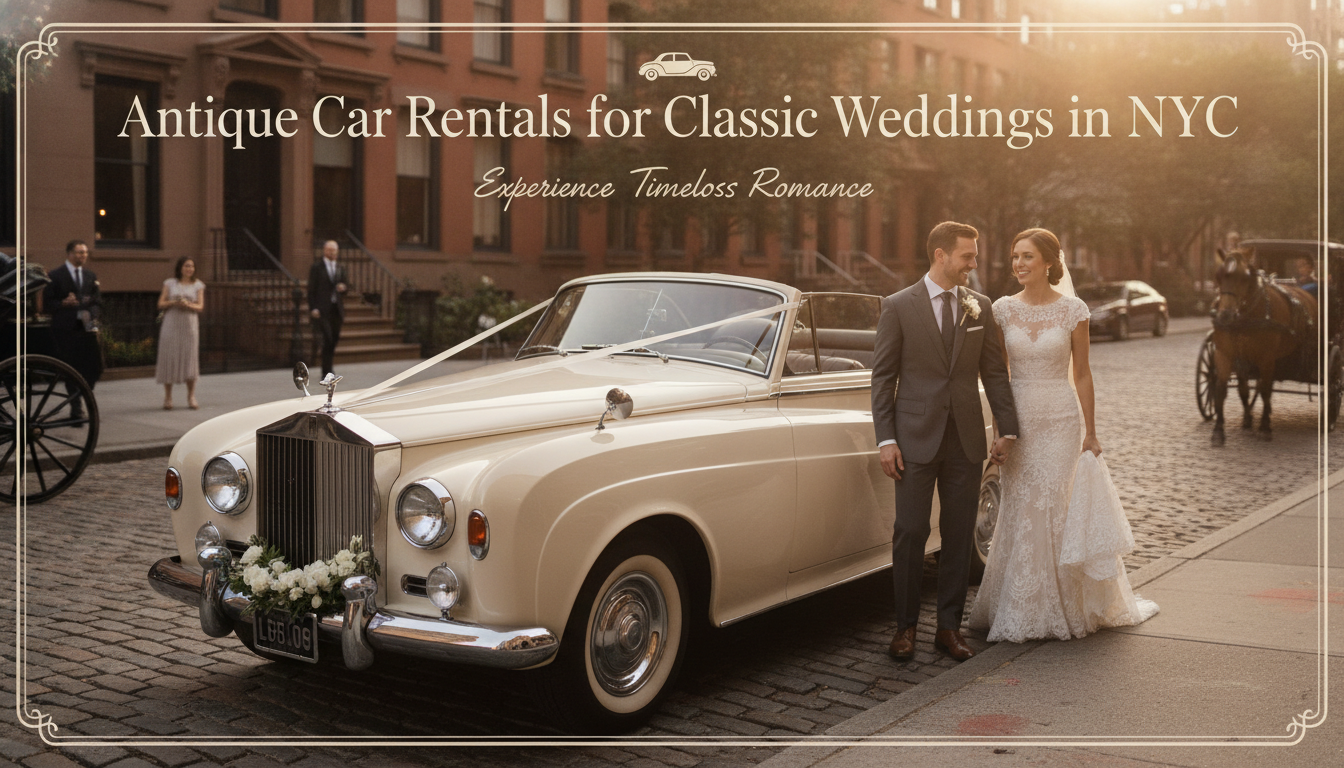 Newlyweds beside vintage convertible wedding car on NYC street