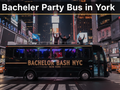 Bachelor party bus with rooftop guests in Times Square