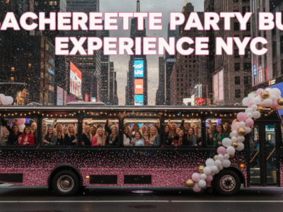Bachelorette party bus with women in Times Square