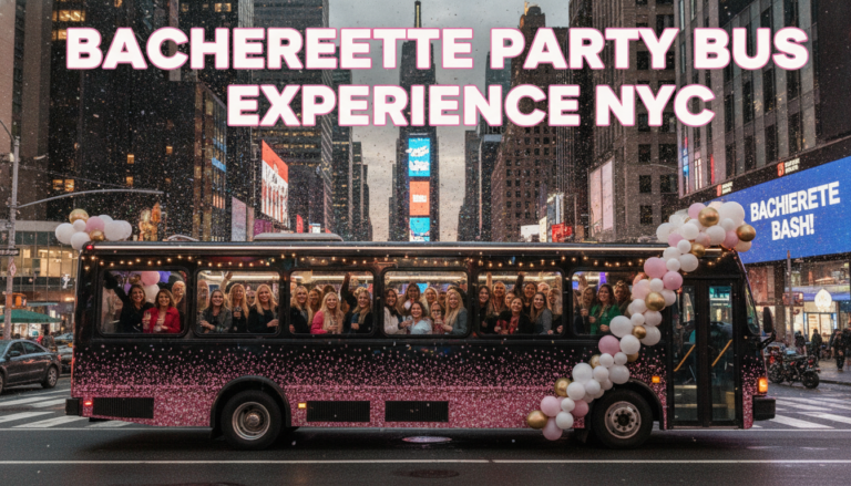 Bachelorette party bus with women in Times Square
