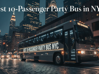 Party bus driving through rainy New York City at night