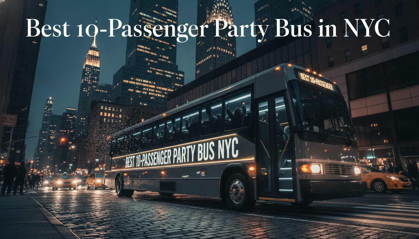 Party bus driving through rainy New York City at night