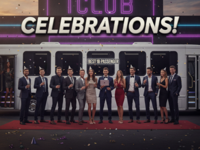 Dressed-up group celebrates before a party bus with confetti
