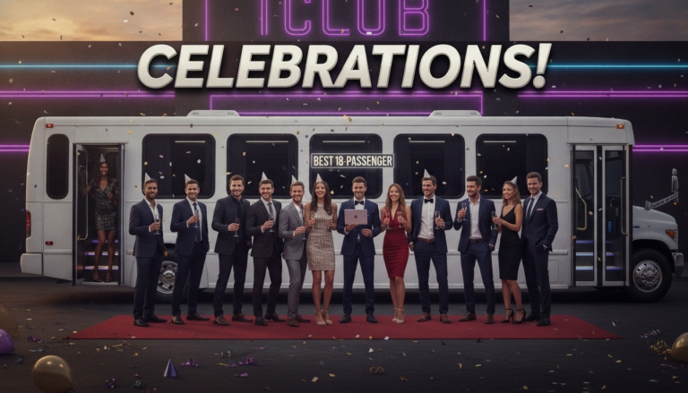 Dressed-up group celebrates before a party bus with confetti