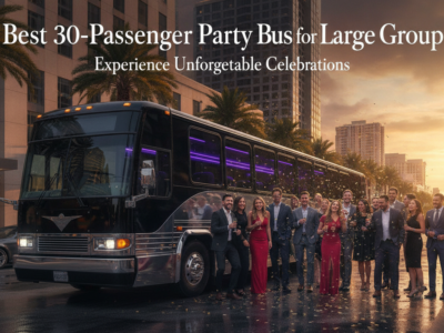 Elegant group beside party bus on palm-lined city street