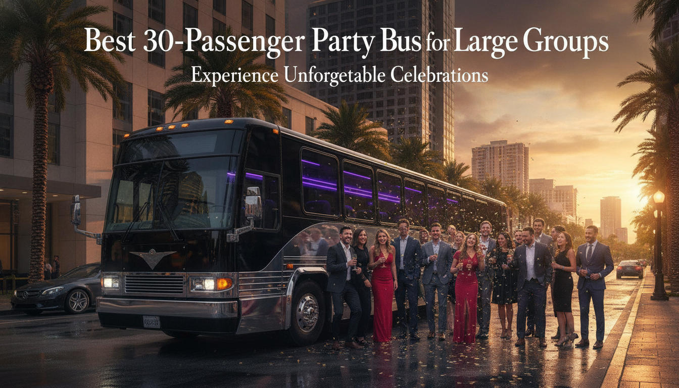 Elegant group beside party bus on palm-lined city street