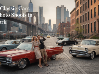 Classic cars and models beneath Brooklyn Bridge in New York
