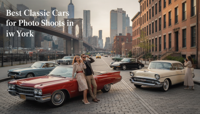 Classic cars and models beneath Brooklyn Bridge in New York