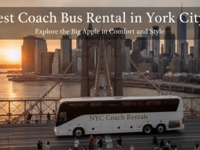 Coach bus crossing Brooklyn Bridge with Manhattan skyline at sunset