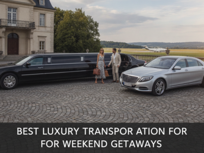Couple beside limousine and luxury sedan outside estate
