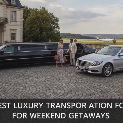 Couple beside limousine and luxury sedan outside estate