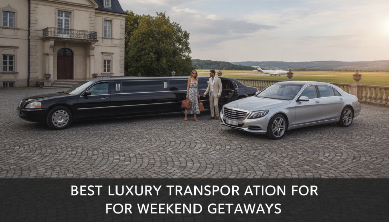 Couple beside limousine and luxury sedan outside estate