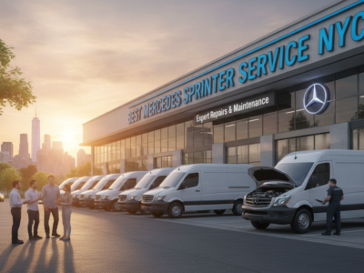 Mercedes Sprinter service center with vans at sunset in NYC