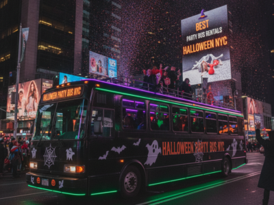 Halloween party bus with neon lights in Times Square NYC