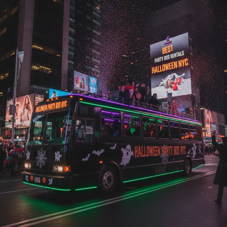 Halloween party bus with neon lights in Times Square NYC