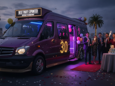 Purple party bus beside guests celebrating a 30th birthday
