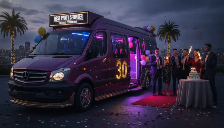 Purple party bus beside guests celebrating a 30th birthday