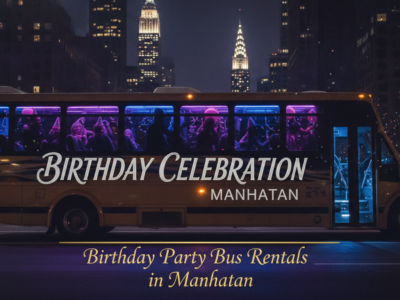 Birthday party bus in Manhattan at night