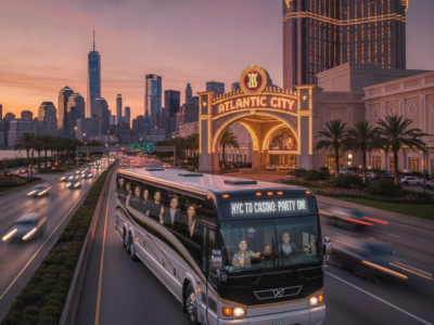 Coach bus arrives at Atlantic City casino skyline at sunset