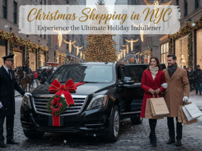 Couple with shopping bags beside luxury car in NYC Christmas