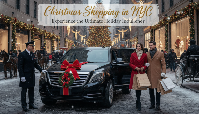 Couple with shopping bags beside luxury car in NYC Christmas
