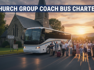 Church group waving beside charter bus at sunset