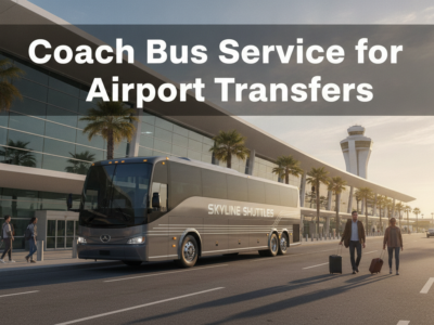 Coach bus at airport terminal for passenger transfers