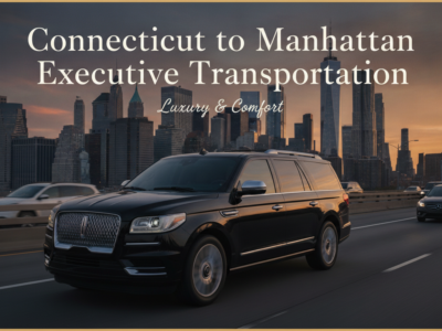 Luxury black SUV driving to Manhattan skyline at sunset