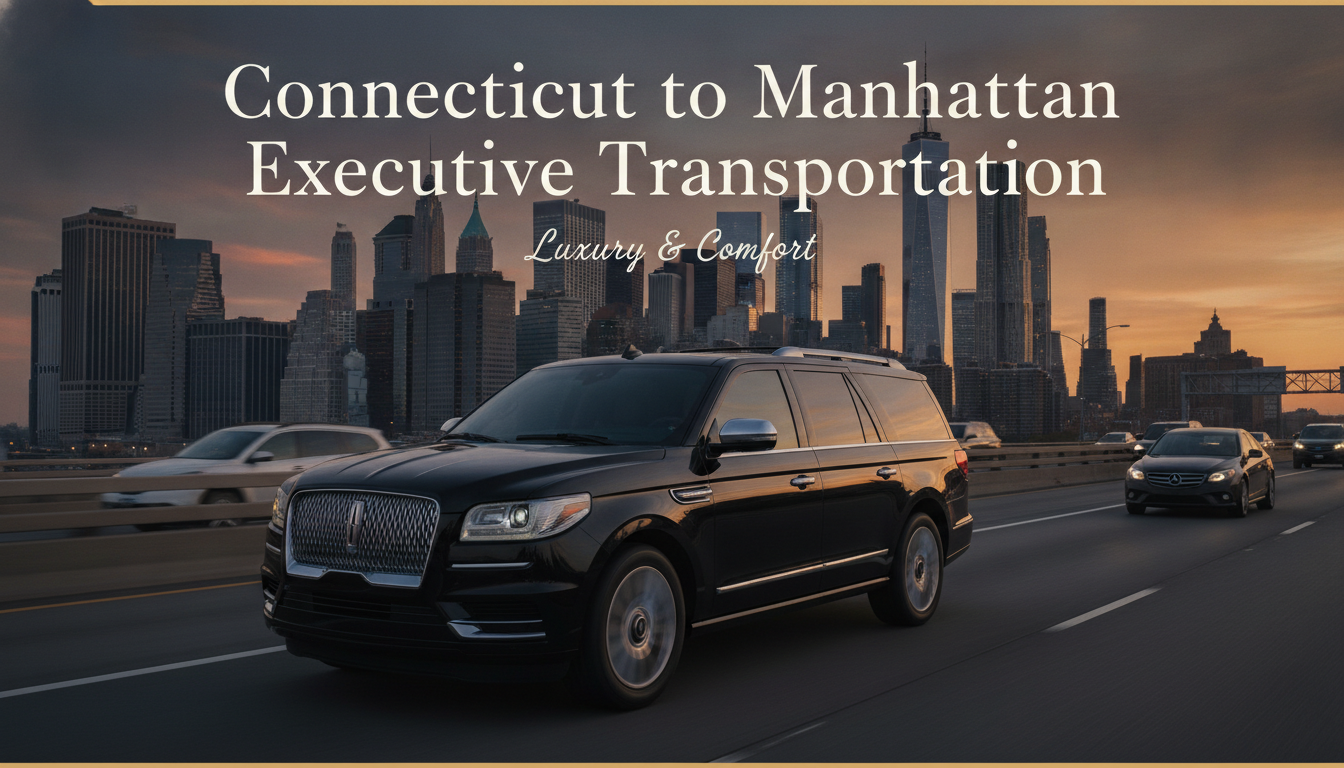 Luxury black SUV driving to Manhattan skyline at sunset