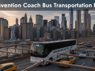 Convention shuttle bus crossing bridge with Manhattan skyline at sunset