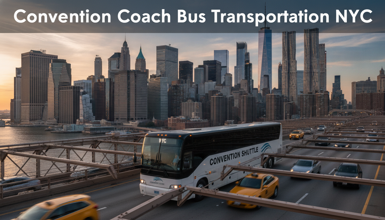Convention shuttle bus crossing bridge with Manhattan skyline at sunset